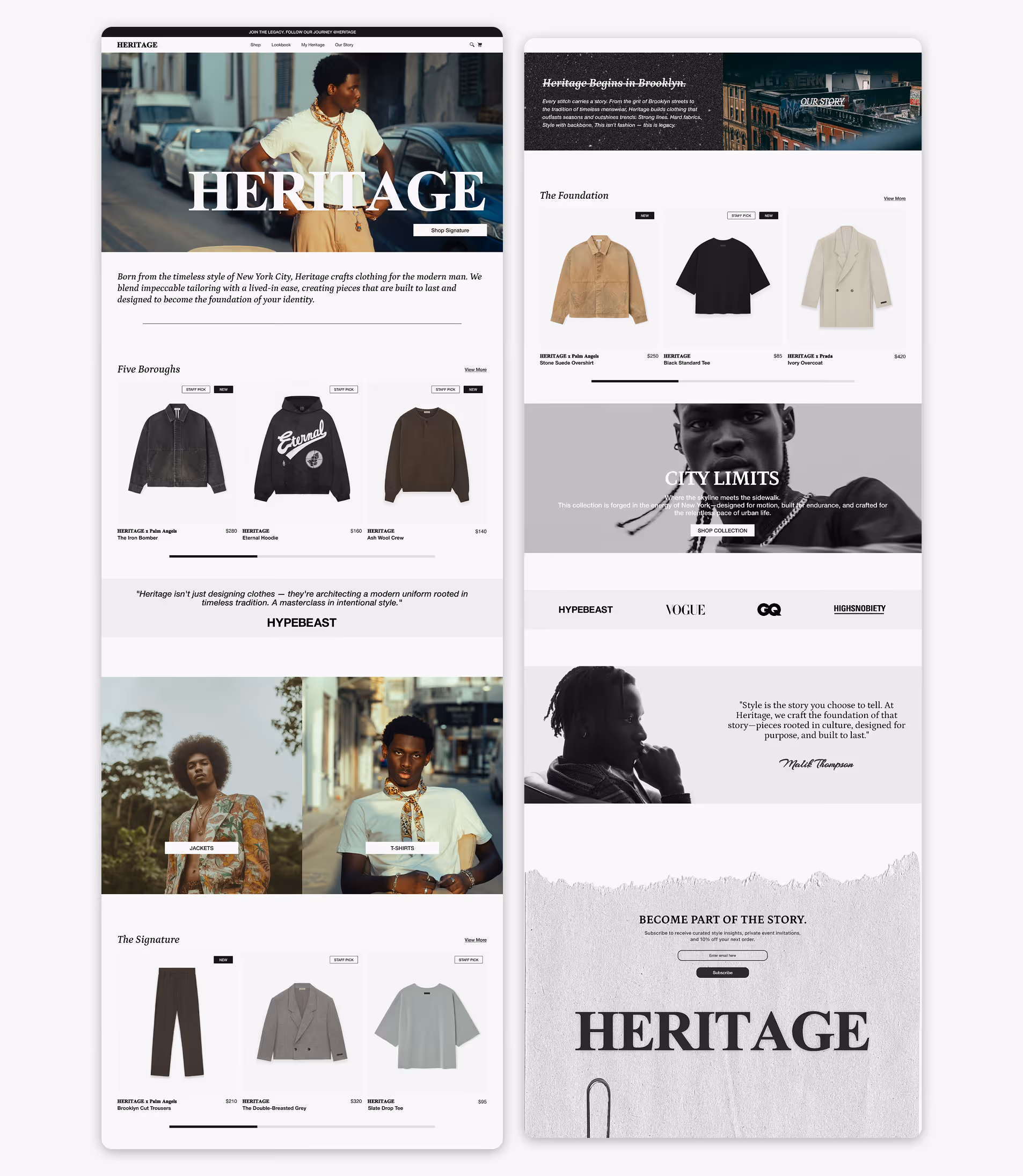HERITAGE (menswear brand) Menswear homepage with city lifestyle hero, tailored clothing grids, editorial brand story, and classic typography layout