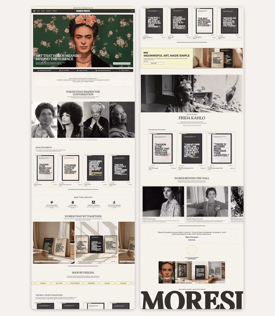 MORESI PRINTS (art brand)  Art prints ecommerce homepage with curated author collections, typography, and museum-quality print showcases