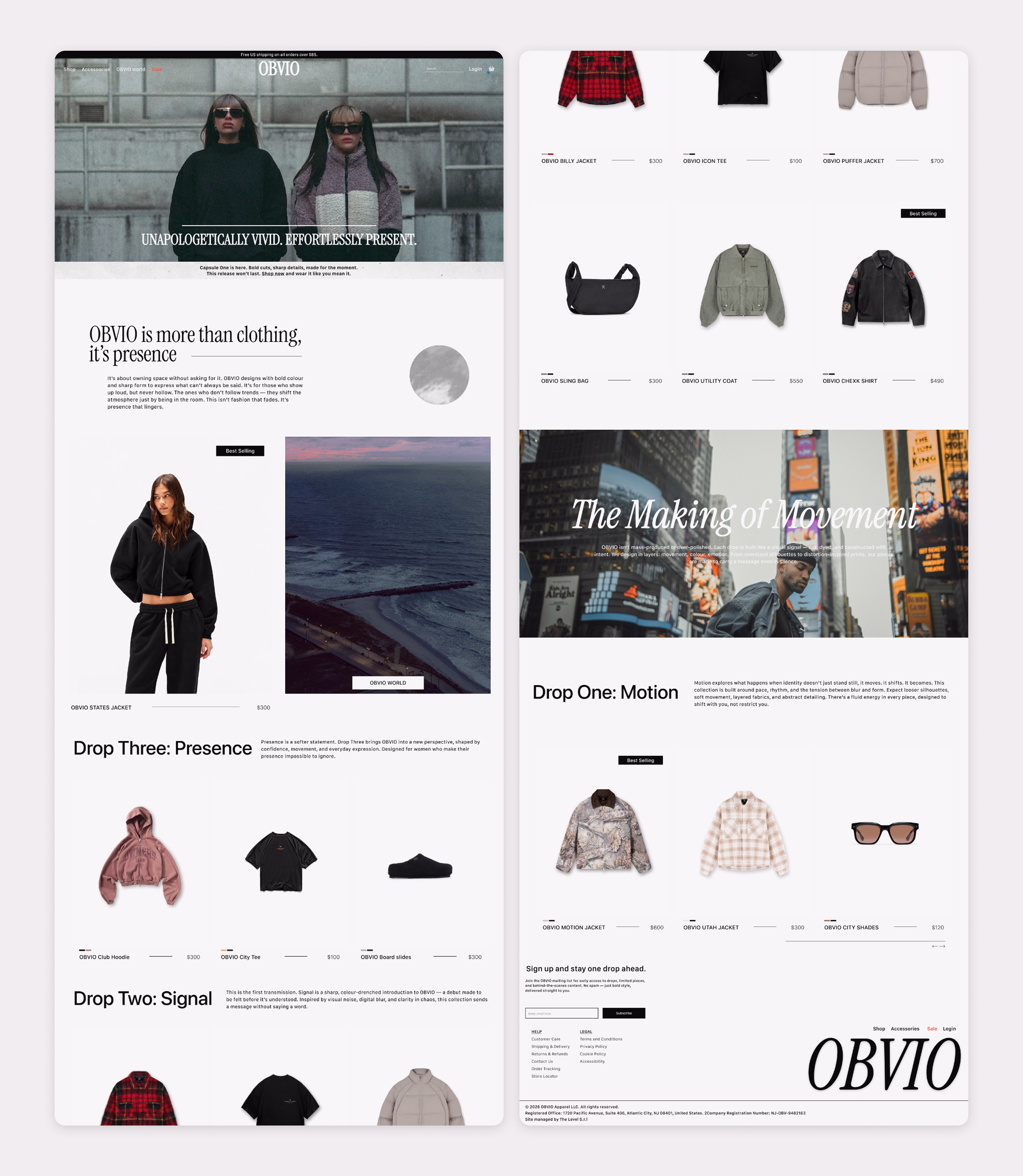 OBVIO (fashion brand)  Fashion ecommerce homepage with bold colour hero, editorial typography, product rows, and campaign-style storytelling sections